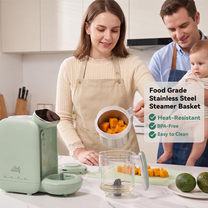 Chefhandy Baby Food Maker with Stainless Steel Steam Basket, 5-in-1 Baby Food Processor, Steamer & Blender, Auto Cooking, Pureeing, Reheating & Steam Cleaning, BPA-Free, 6 Reusable Pouches, Green