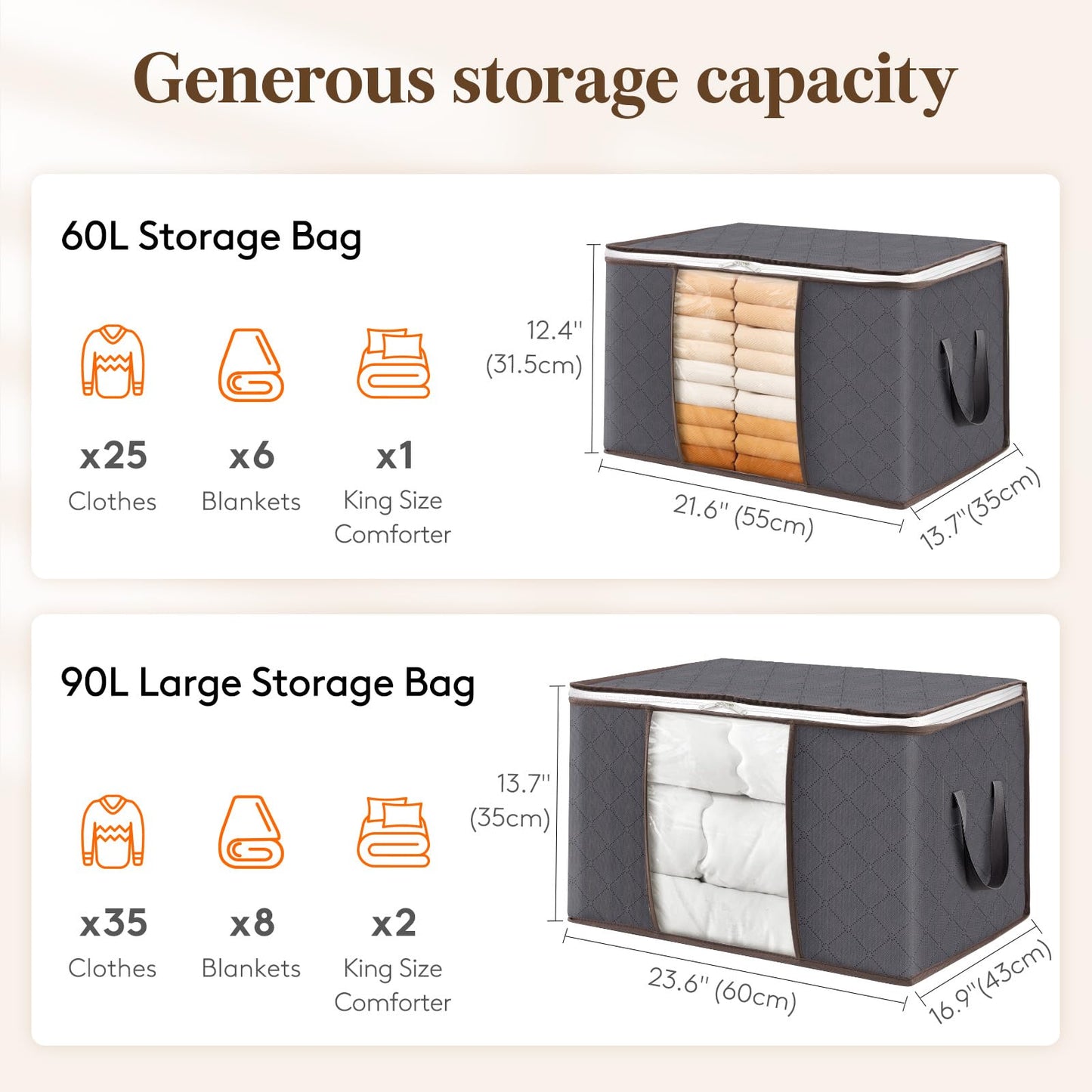 Lifewit 6 Pack Clothes Storage Bags, Foldable Fabric Closet Storage Containers and Organization, Underbed Lidded Storage Bins for Clothing, Blankets with Reinforced Handle, Sturdy Zipper, Clear Window