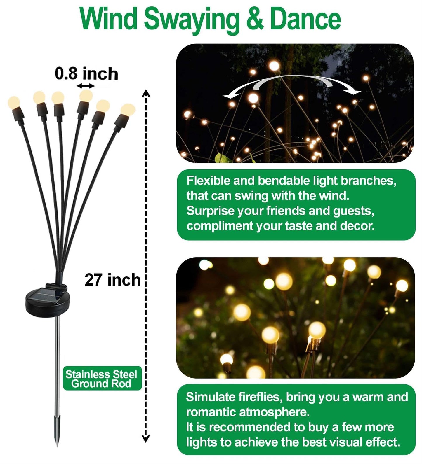 SIOTMERA 4Count Solar Lights Outdoor Waterproof IPX5, Solar Garden Lights, Wind Swaying Firefly Lights, Christmas Lights Outdoor, for Yard Lawn Pathway Decoration Lighting, 6LED WarmYellow