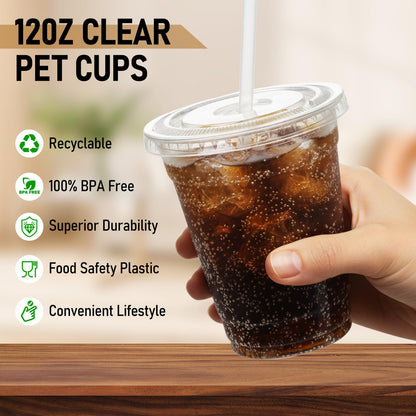 100 Pcs Clear Plastic Cups with Flat Lids and Straws, 12 oz Disposable PET Iced Coffee Cups - Ideal for Ice Coffee, Smoothie, Juice, Lemonade, Cold Beverages - Available at All In One Marketplace Canada