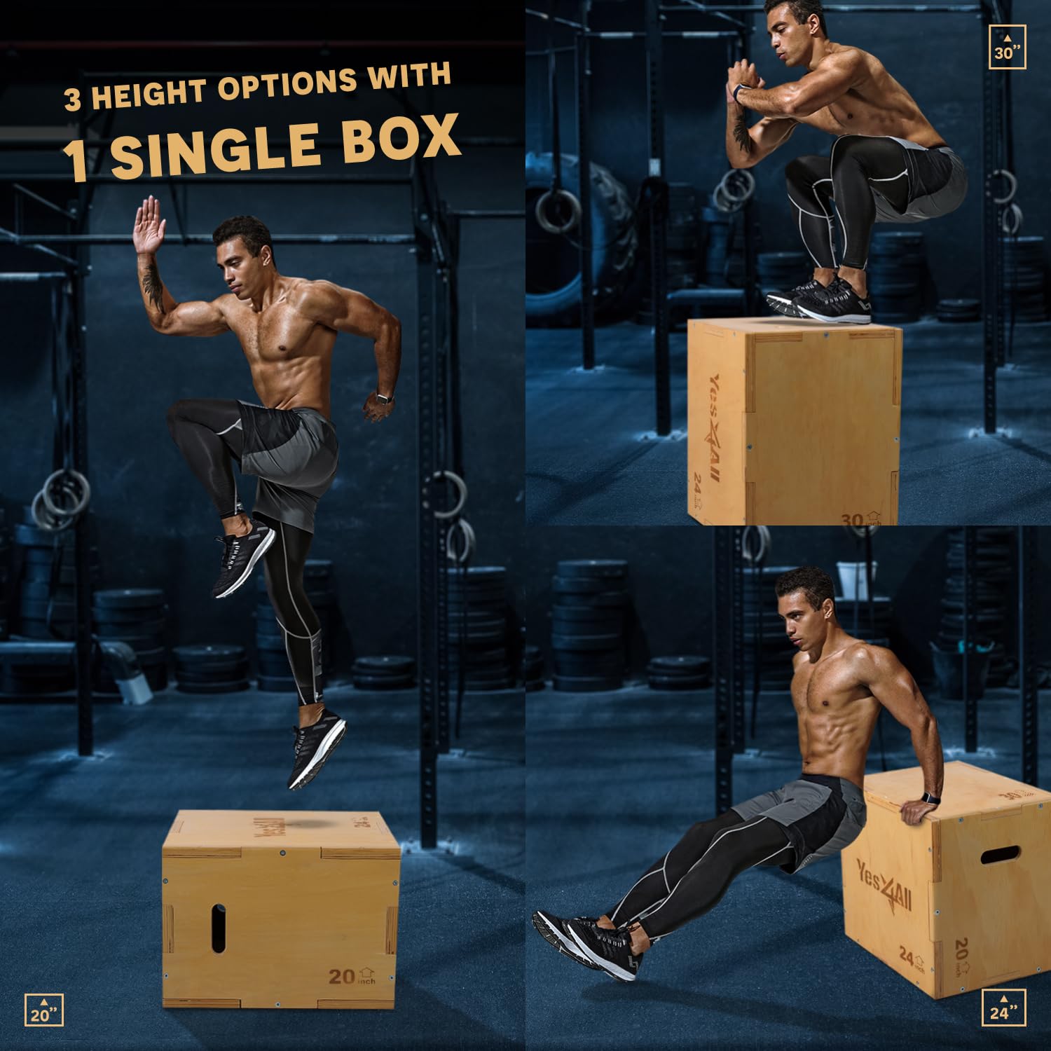 Yes4All 3-in-1 Wooden Plyo Box, Jumping Plyometric Step Platform for Home Gym, 450lb Capacity with Wide Built-in Handles (16"x14"x12" - Basic Wood Finish) Yes4All