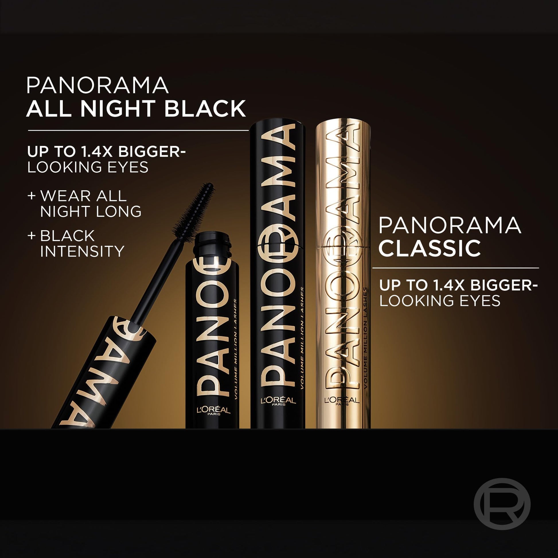 L'Oréal Paris Voluminous Panorama Mascara, Volumizing and Lengthening Mascara, Longwear, Smudge-Resistant and Washable, All Night Black, 0.33 Fl Oz (Pack of 1)