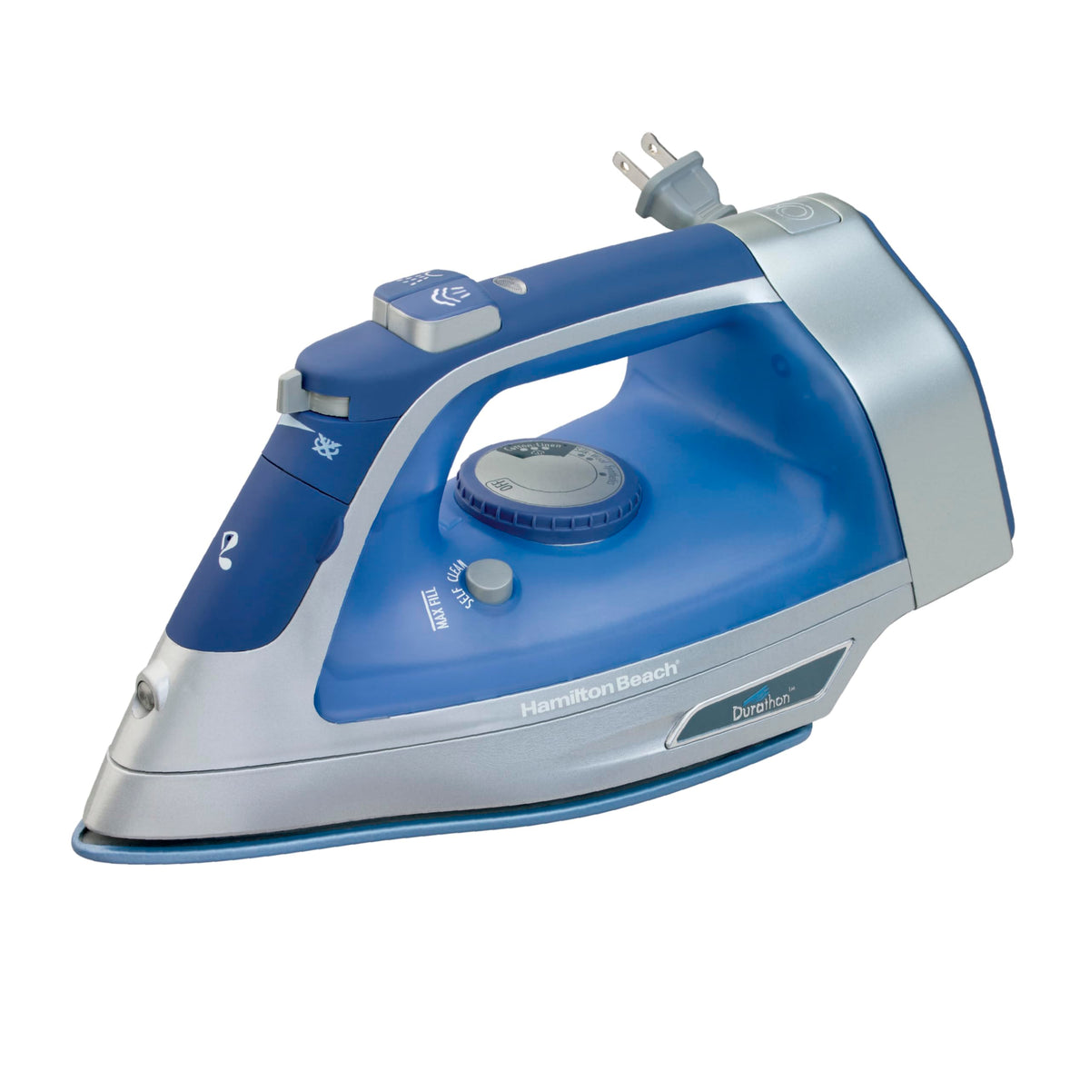 Hamilton Beach Steam Iron for Clothes with Durathon Nonstick Soleplate, Retractable Cord, Vertical Steam, Self-Clean, Anti-Drip, 1500 Watts, Blue, 19803