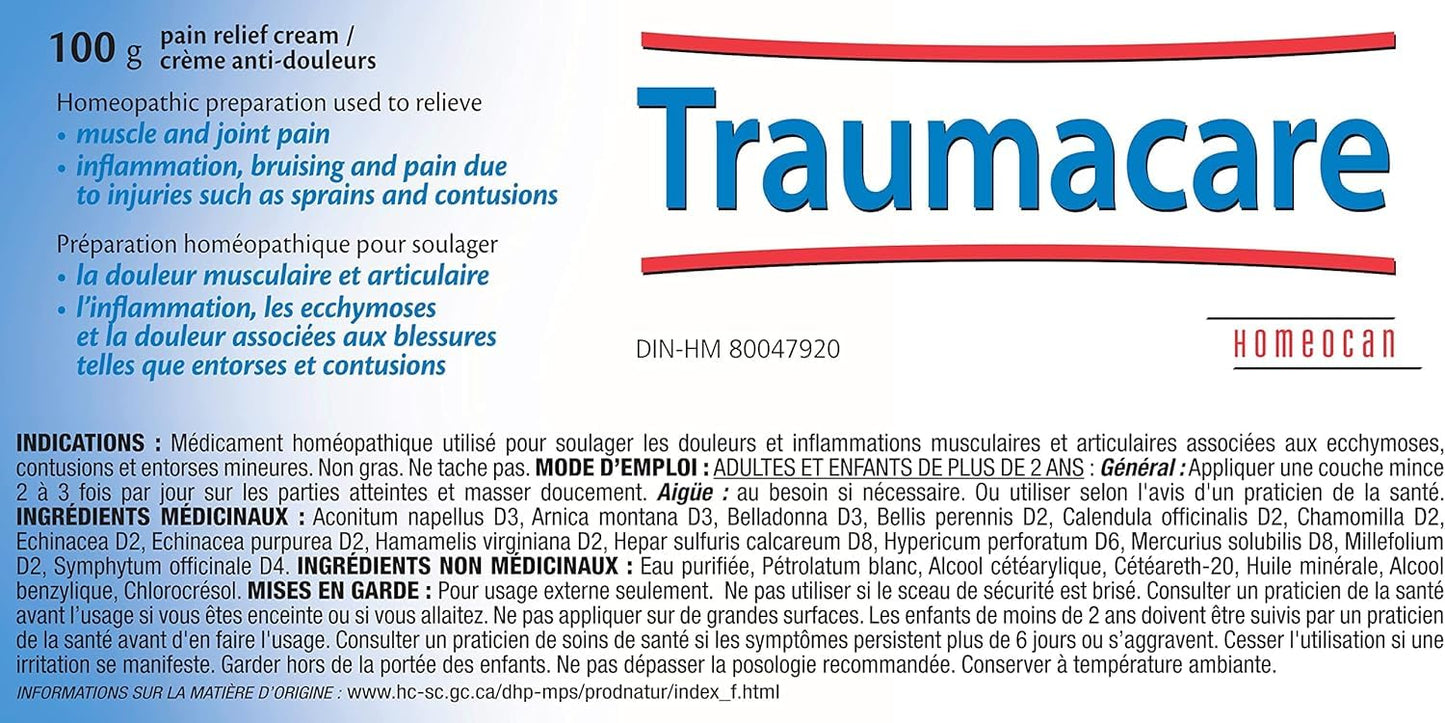Homeocan Homeopathic Arnica Cream, Bruise Cream, Non Greasy, 100g Traumacare