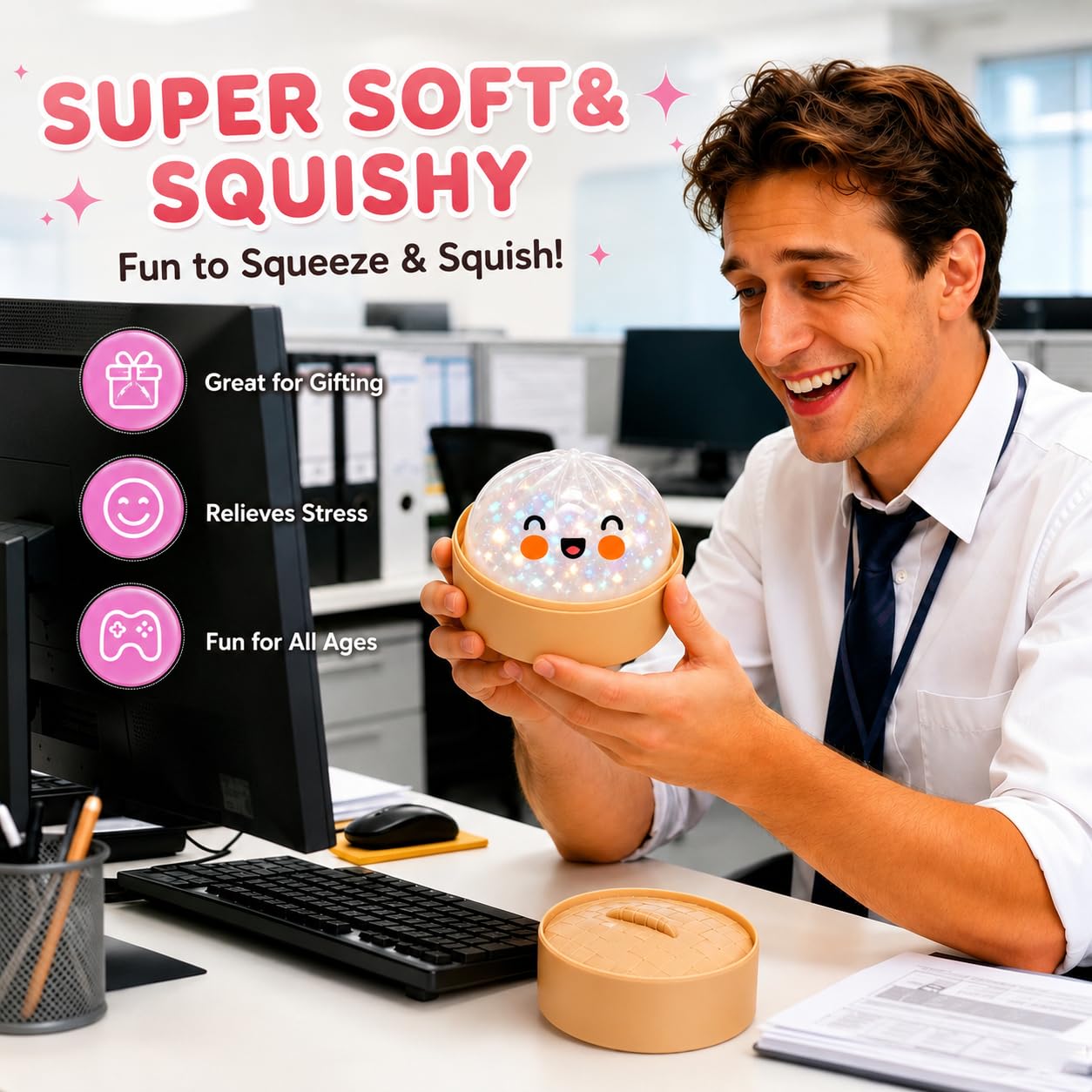 Glitter Dumpling Squishy, Colorful Mystery Dumpling Squishy Surprise Stress Relief, Cute Soft Squeeze Decompression Dough with Steamer (1pcs-White) - Available at All In One Marketplace Canada
