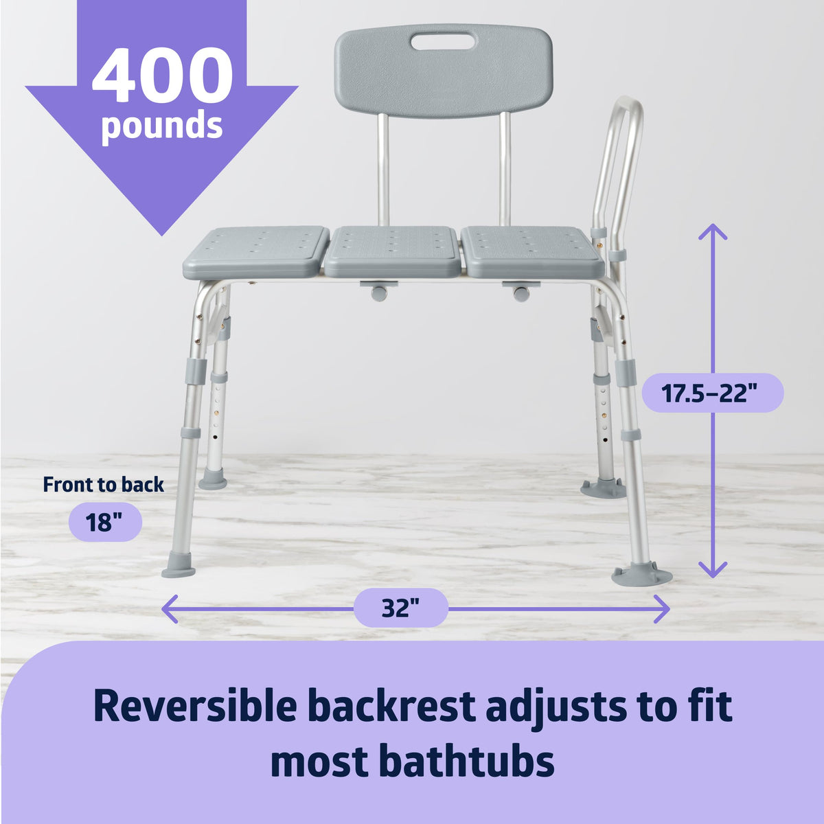 Medline Transfer Bench with Back, Gray, 1 Count (Pack of 1)