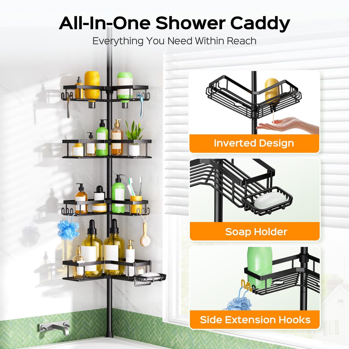 HAMITOR Corner Shower Caddy Tension Pole: Sturdy Stainless Steel Shower Organizer - 4-Tier Adjustable Large-Capacity Shower Shelf- No Drill Bathroom Organizers For Small Bathrooms - 47-121inch - Available at All In One Marketplace Canada