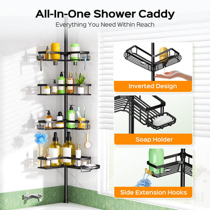 HAMITOR Corner Shower Caddy Tension Pole: Sturdy Stainless Steel Shower Organizer - 4-Tier Adjustable Large-Capacity Shower Shelf- No Drill Bathroom Organizers For Small Bathrooms - 47-121inch - Available at All In One Marketplace Canada