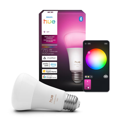 Philips Hue Smart LED A19 Bulb, White and Color Ambiance, E26 Base, 9.5W, Full Spectrum Light 1000K-20000K, 1100 Lumens, Dimmable, Works with Alexa, Google Assistant, and Apple Home, 1 Pack Philips Hue