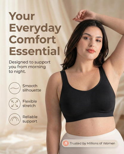 SHAPERMINT Wireless Bras for Women - Full Support Seamless Bralette, Compression Sports Bra, Plus Size Minimizer Bras, Padded Wirefree Bra for Women Black