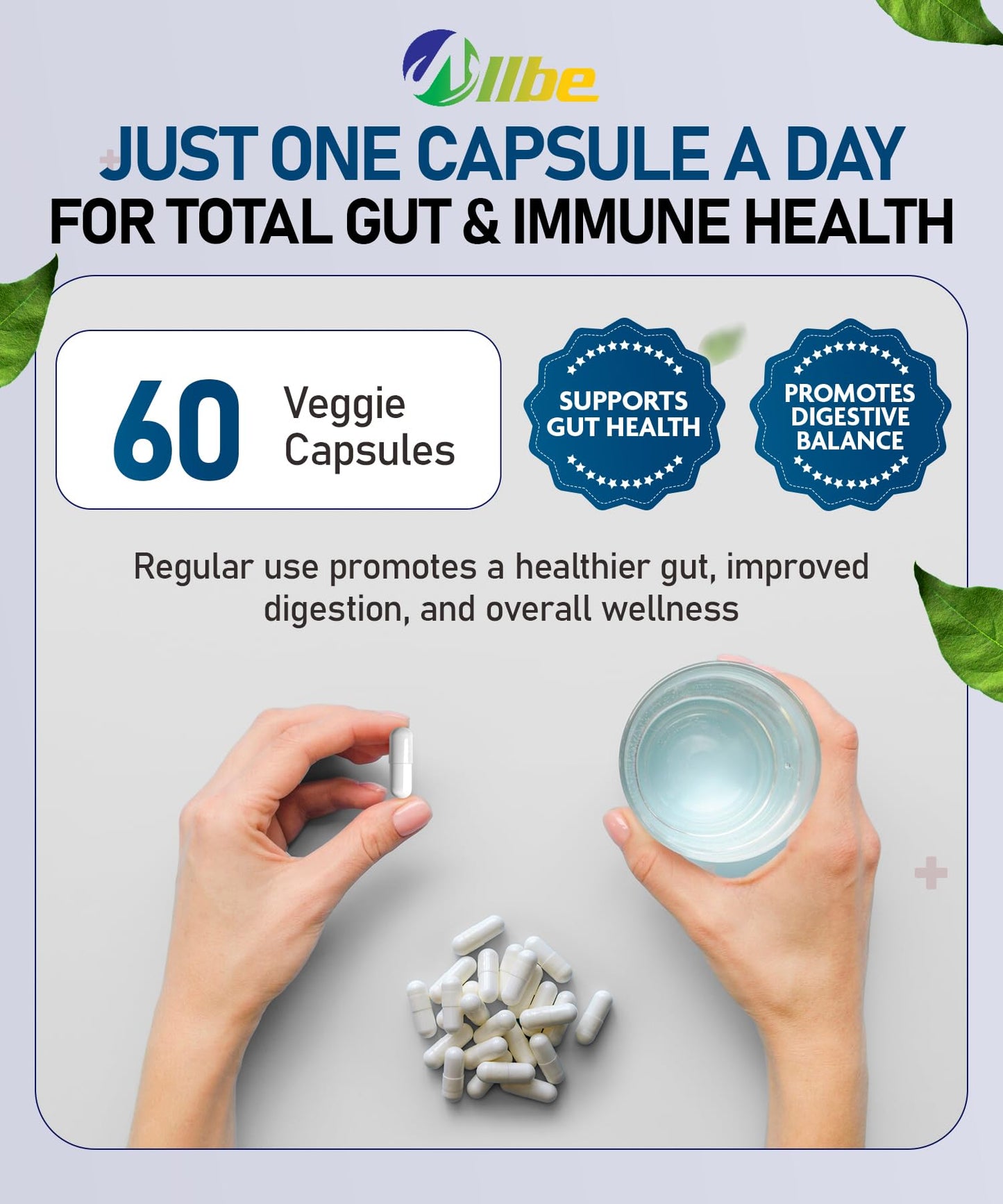 Allbe Probiotics for Men & Womens - 50 Billion CFU with 11 Strains, Lactobacillus, Acidophilus and L. Gasseri - Support Gut Health, Digestion, Weight Management and Bloating Relief - 60 Vegan Capsules, 1 Per Day - Available at All In One Marketplace Canada