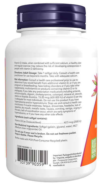 NOW Supplements, Vitamin D-3 2,500 IU, High Potency, Structural Support*, 500 Softgels