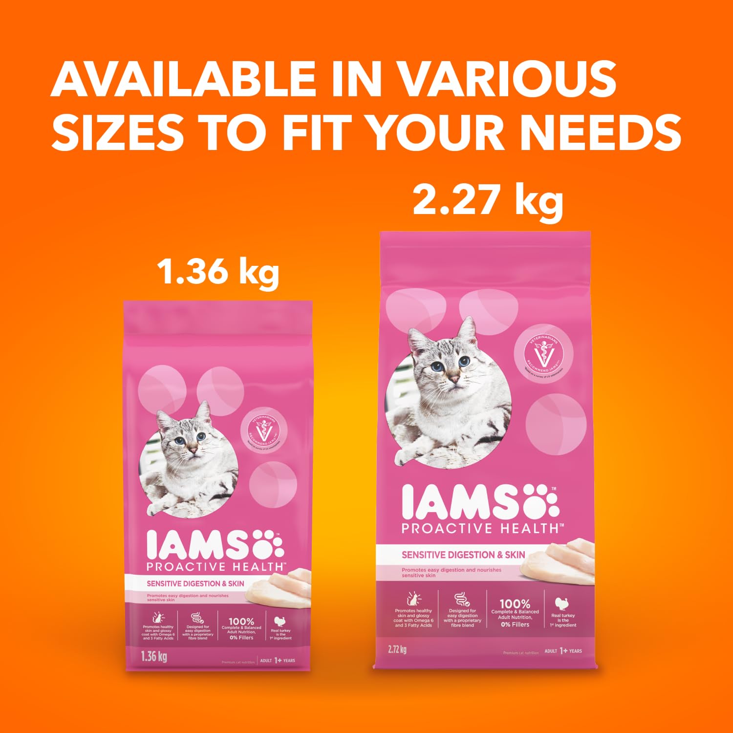 IAMS Proactive Health Sensitive Digestion & Skin Adult Dry Cat Food – Turkey – 2.72KG (5.9LB) Bag - Available at All In One Marketplace Canada