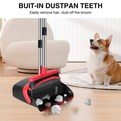 Broom and Dustpan Set, 52-in Long Adjustable Handle Broom Dustpan Combo with Dustpan Teeth to Automatically Clean Hair Suitable for Home Kitchen Office Hall Floor（Black&Red） - Available at All In One Marketplace Canada