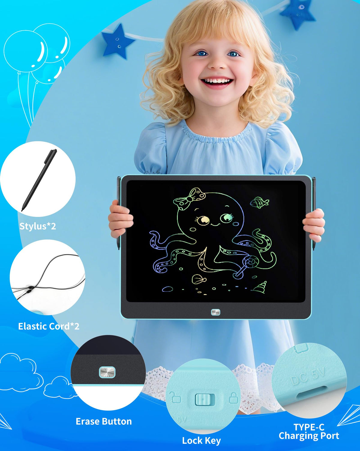Rechargeable LCD Writing Tablet for Kids, 16 Inch Colorful Drawing Tablet, Educational Toddler Drawing Pad, Reusable Learning Toys for Kids (Ages 3-8), Ideal Gift for Christmas Birthday (Blue) 🍁 All In One Marketplace Canada