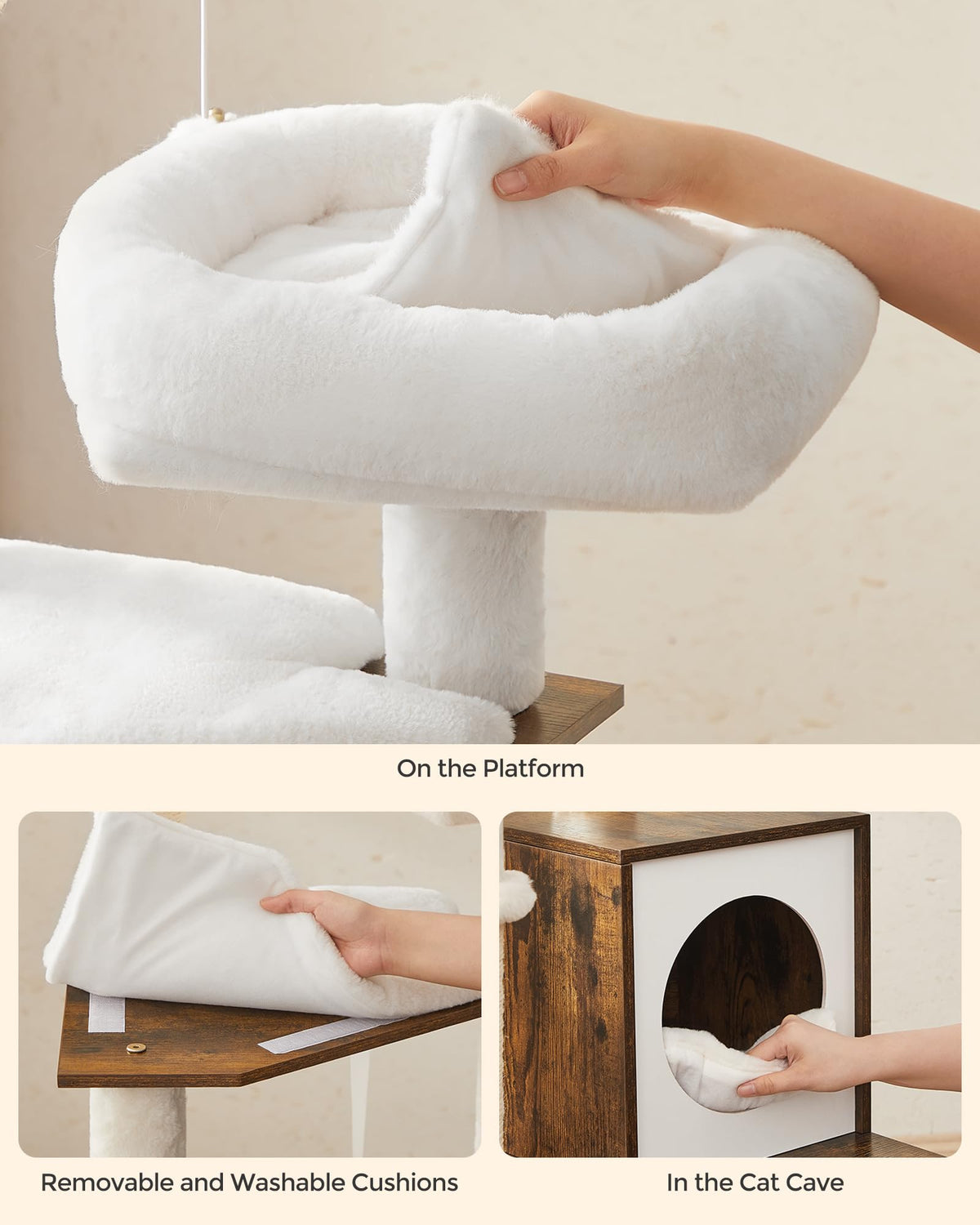 Feandrea WoodyWonders Cat Tree with Litter Box Furniture Hidden Enclosure, 2-in-1 Modern Tower, Cat Condo with Scratching Posts, Removable Pompom Sticks, Rustic Brown UPCT113X01