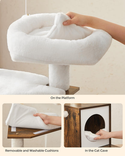 Feandrea WoodyWonders Cat Tree with Litter Box Furniture Hidden Enclosure, 2-in-1 Modern Tower, Cat Condo with Scratching Posts, Removable Pompom Sticks, Rustic Brown UPCT113X01