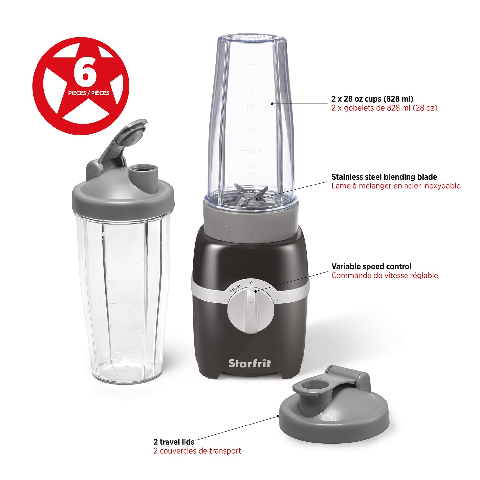 Starfrit Personal Blender, Two 828ml Cups, High, Low & Pulse Modes, 300W, Black - Available at All In One Marketplace Canada