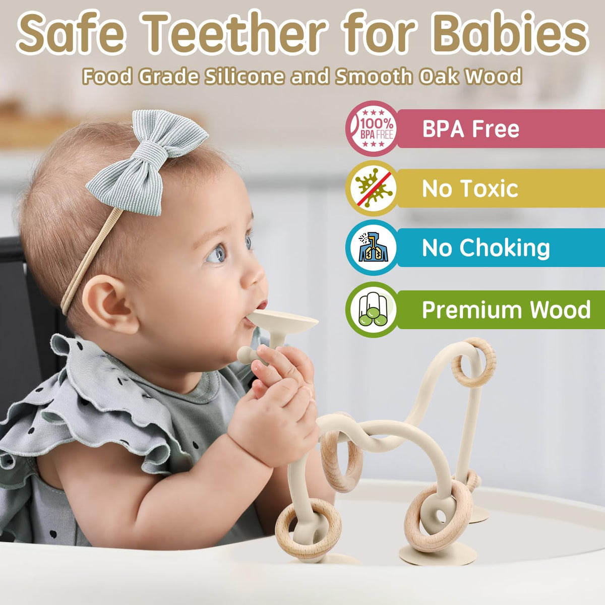Baby Sensory Suction Toy for High Chair, Food-Grade Silicone Pull String with Wooden Loop, Montessori Educational Toy for Babies 6-24 Months, Fun Bath & Table Activity Gift for Easter Christmas, Beige 🍁 All In One Marketplace Canada