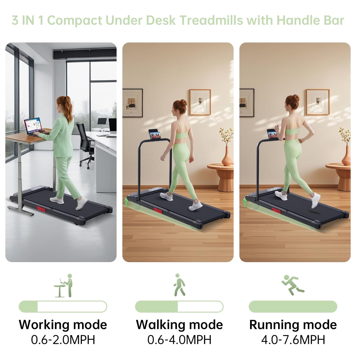 Walking Pad Treadmill with Handle Bar, 3.0HP Portable Small Walking Treadmills for Home Small, 0.6-7.6MPH Compact Treadmill for Exercising, Under The Desk Mini Treadmills with Incline, Model V407 - Available at All In One Marketplace Canada