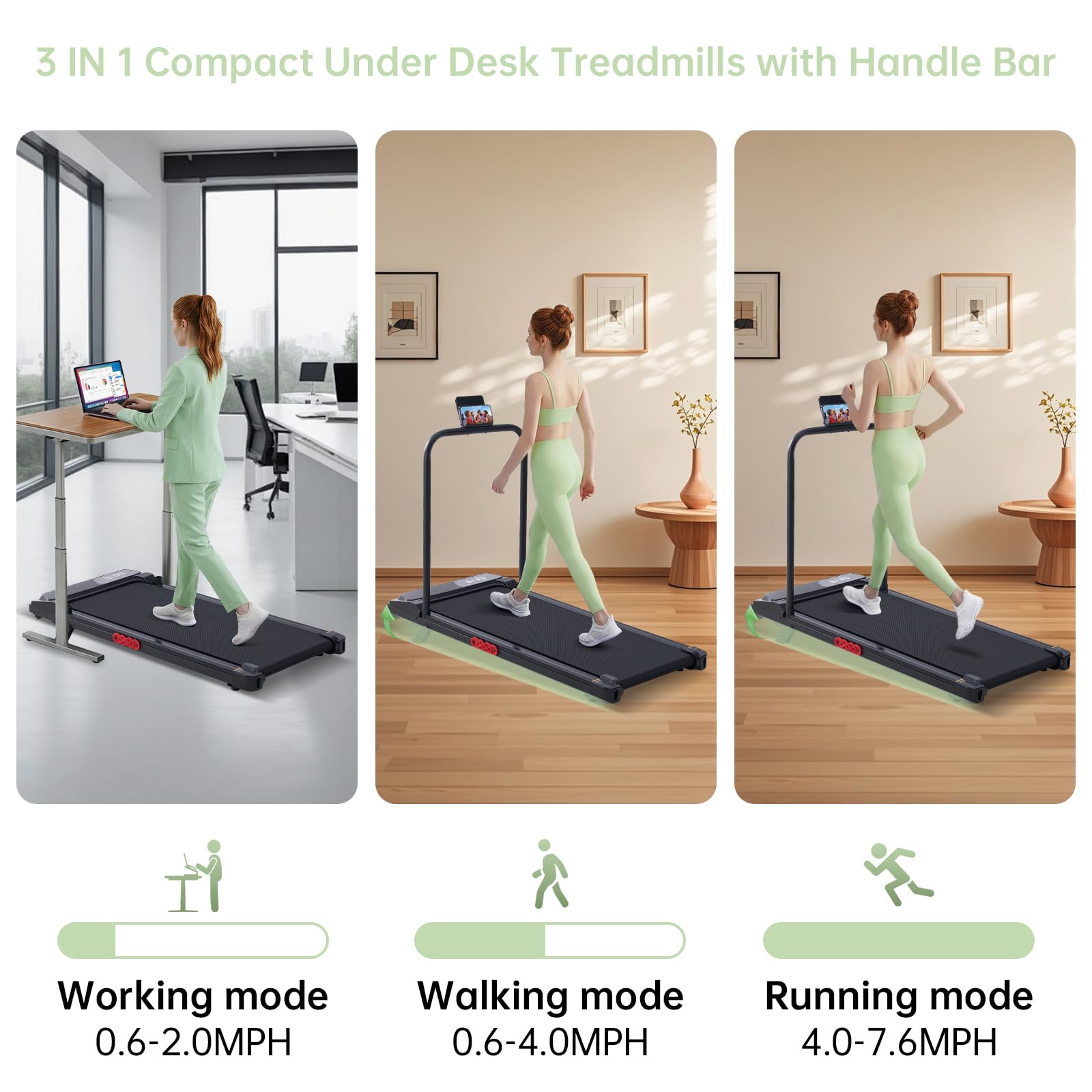 Walking Pad Treadmill with Handle Bar, 3.0HP Portable Small Walking Treadmills for Home Small, 0.6-7.6MPH Compact Treadmill for Exercising, Under The Desk Mini Treadmills with Incline, Model V407 - Available at All In One Marketplace Canada