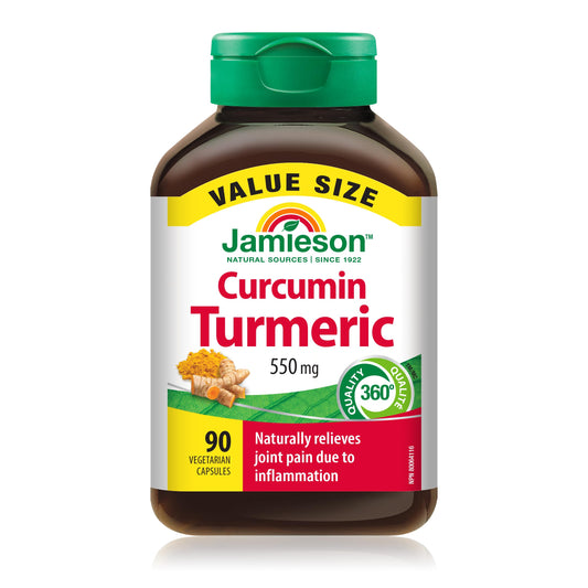 Jamieson Curcumin Turmeric 550 mg, Provides Natural Joint Pain Relief, Supports Inflammation, and Helps with Digestion. NON-GMO, Gluten-Free, 90 Vegetarian Capsules, Proudly Canadian - Available at All In One Marketplace Canada
