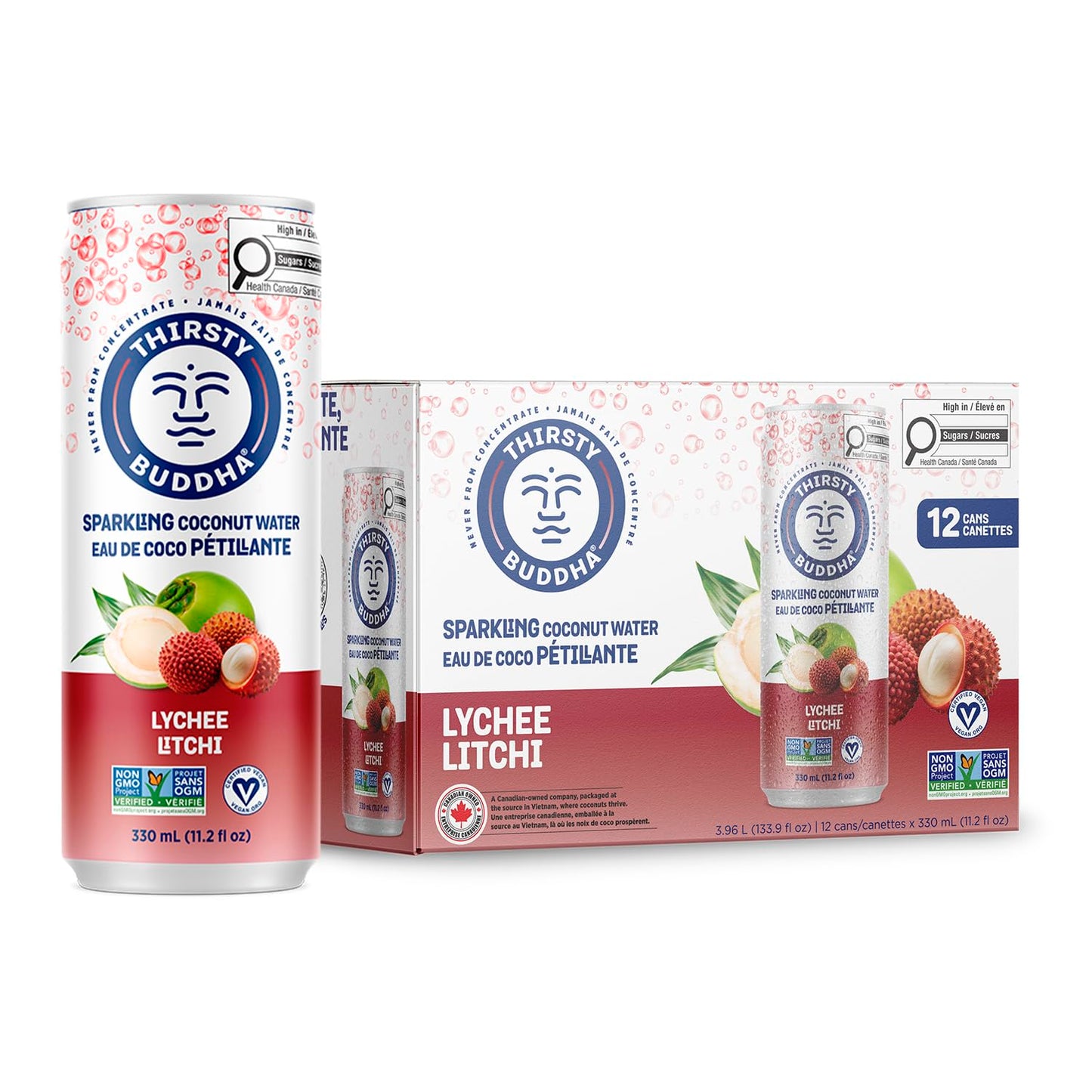 THIRSTY BUDDHA Sparkling Coconut Water with Lychee, No Added Sugar, Pure Coco Drink, Natural Fruit Flavour, Electrolyte & Nutrient-Rich, 12 Pack, (12/330ml)