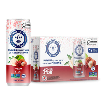 THIRSTY BUDDHA Sparkling Coconut Water with Lychee, No Added Sugar, Pure Coco Drink, Natural Fruit Flavour, Electrolyte & Nutrient-Rich, 12 Pack, (12/330ml)