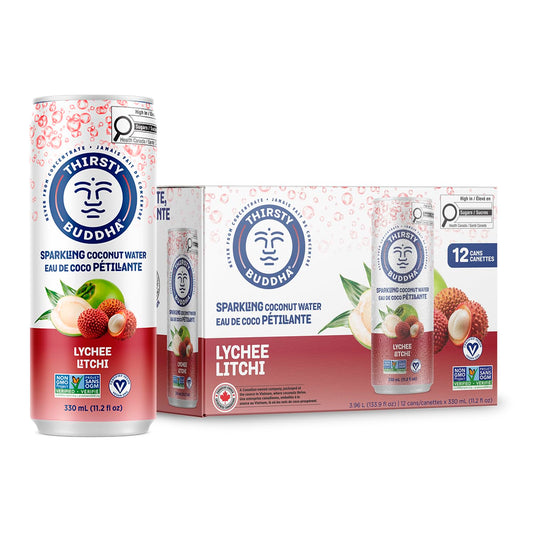 THIRSTY BUDDHA Sparkling Coconut Water with Lychee, No Added Sugar, Pure Coco Drink, Natural Fruit Flavour, Electrolyte & Nutrient-Rich, 12 Pack, (12/330ml) 🍁 All In One Marketplace Canada