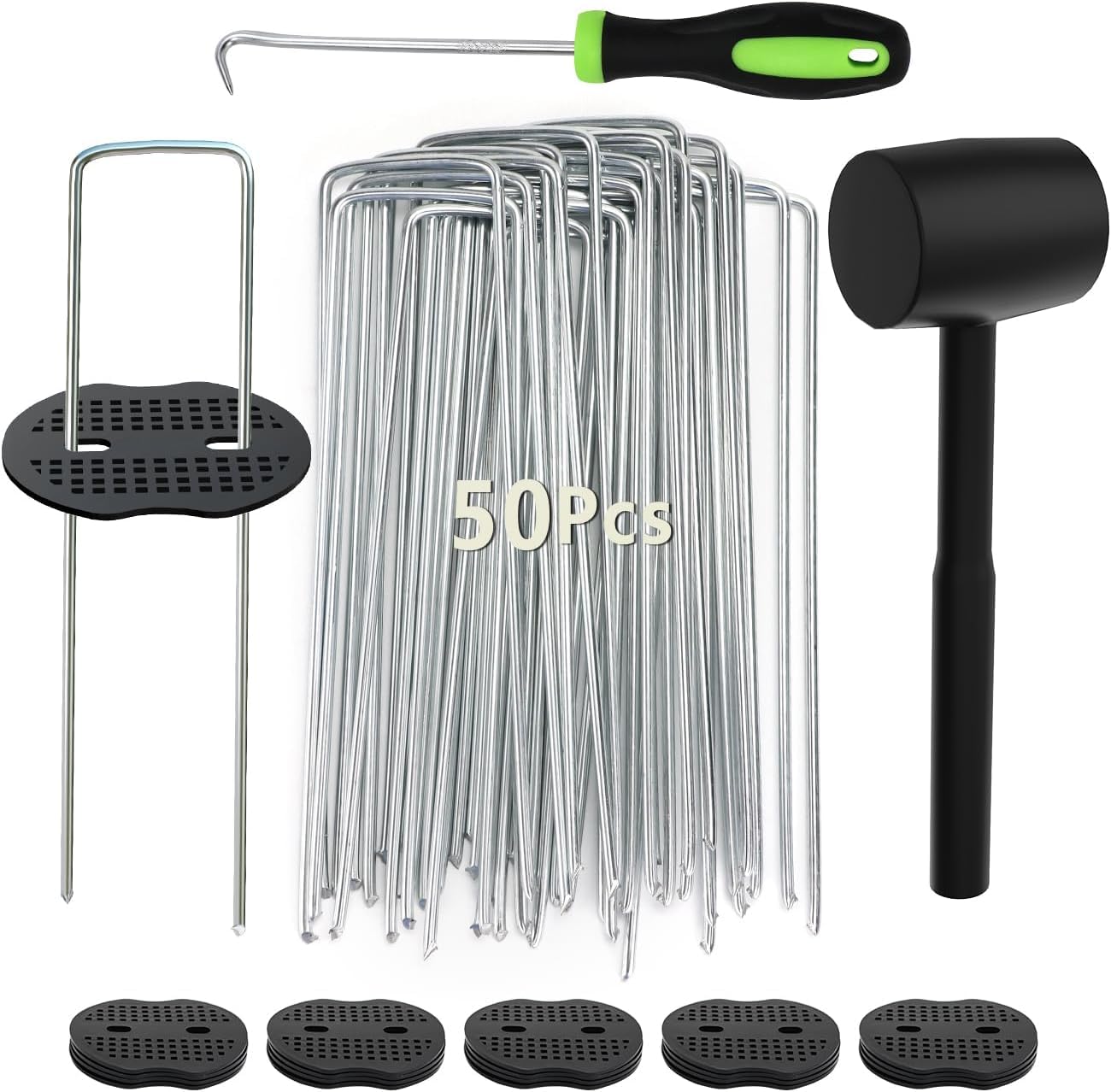 Wohohoho 102Pcs 6 Inches Landscape Staples with Gasket Kit. 50Pcs U-Shaped Garden Stakes and Plastic Fixing Gasket, with Pick Hook and Black Hammer. Pins for Tent Turf Weed Barrier Fabric Hose Fence