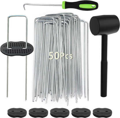 Wohohoho 102Pcs 6 Inches Landscape Staples with Gasket Kit. 50Pcs U-Shaped Garden Stakes and Plastic Fixing Gasket, with Pick Hook and Black Hammer. Pins for Tent Turf Weed Barrier Fabric Hose Fence