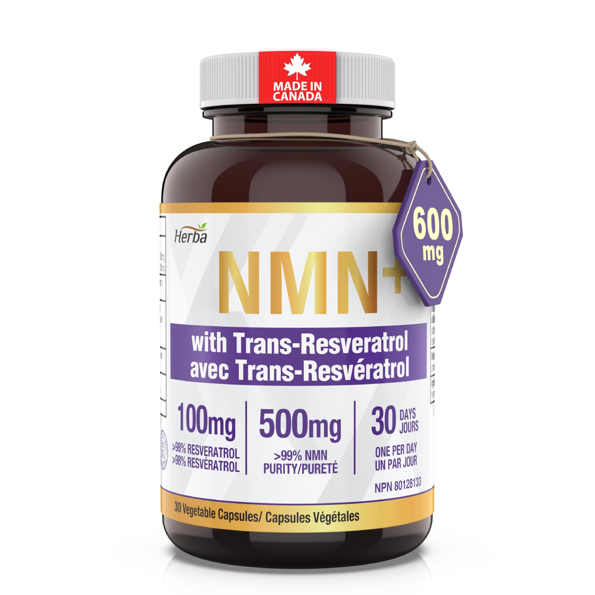 Herba NMN Supplement with Resveratrol – 500mg + 100mg | 100% Purity β-NMN & >99% Resveratrol | NAD Supplement Canada Made | NAD+ Precursor | 30 Capsules - Available at All In One Marketplace Canada