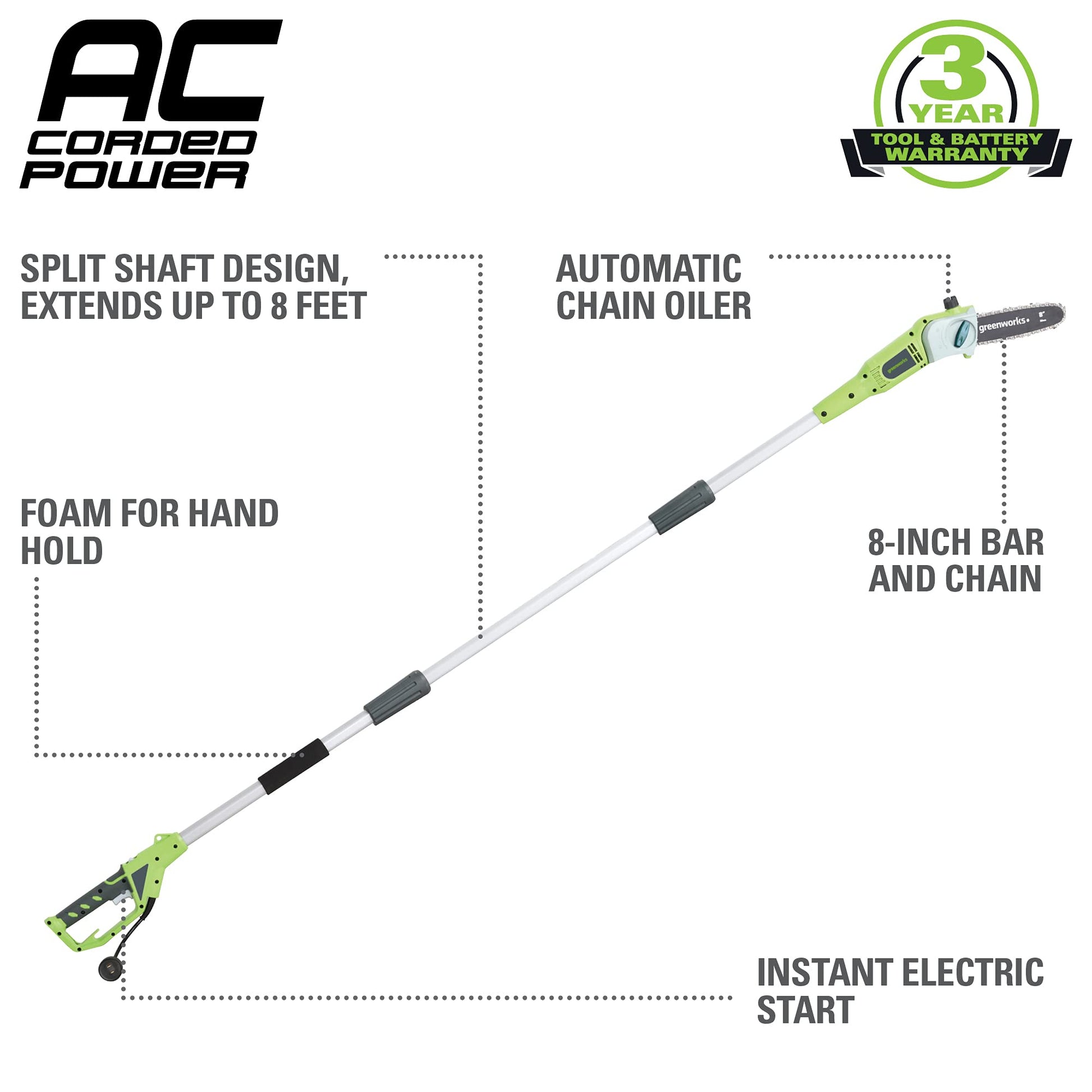 Greenworks 20192 8.5-Inch 6.5 Amp Electric Corded Pole Saw, Green Greenworks