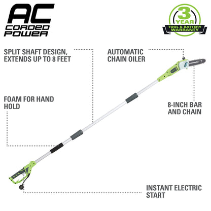 Greenworks 20192 8.5-Inch 6.5 Amp Electric Corded Pole Saw, Green Greenworks