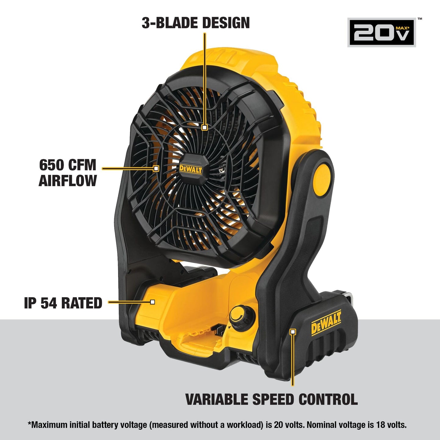 DEWALT 20V MAX* Cordless Fan, Portable, Multi Hanging, Up to 650 CFM Airflow, Tool Only (DCE512B)