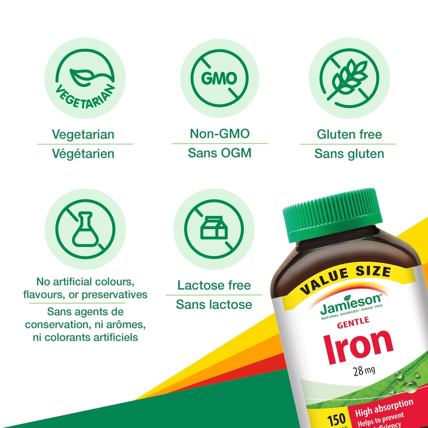 Jamieson Iron 28 mg, with Folic Acid, Vitamin B2, Vitamin B12, and Vitamin C, Helps Prevents Iron Deficiency, Provides Superior Absorption, and Gentle on the Stomach. Non-GMO, Gluten-Free, 150 Vegetarian Capsules