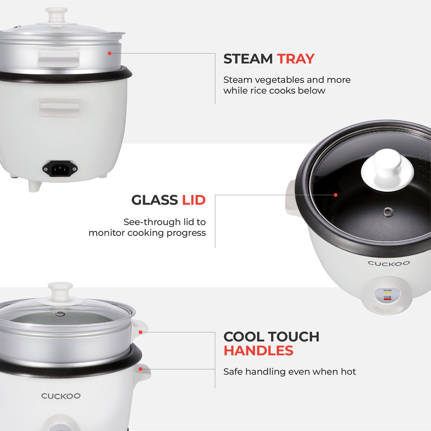 CUCKOO One Touch Rice Cooker 6-Cup (Uncooked) / 12-Cup (Cooked), Small Rice Cooker & Warmer with Steamer Tray, Versatile Grain Cooker, Soup Maker, Auto Keep Warm, White (CR-0601C) CUCKOO