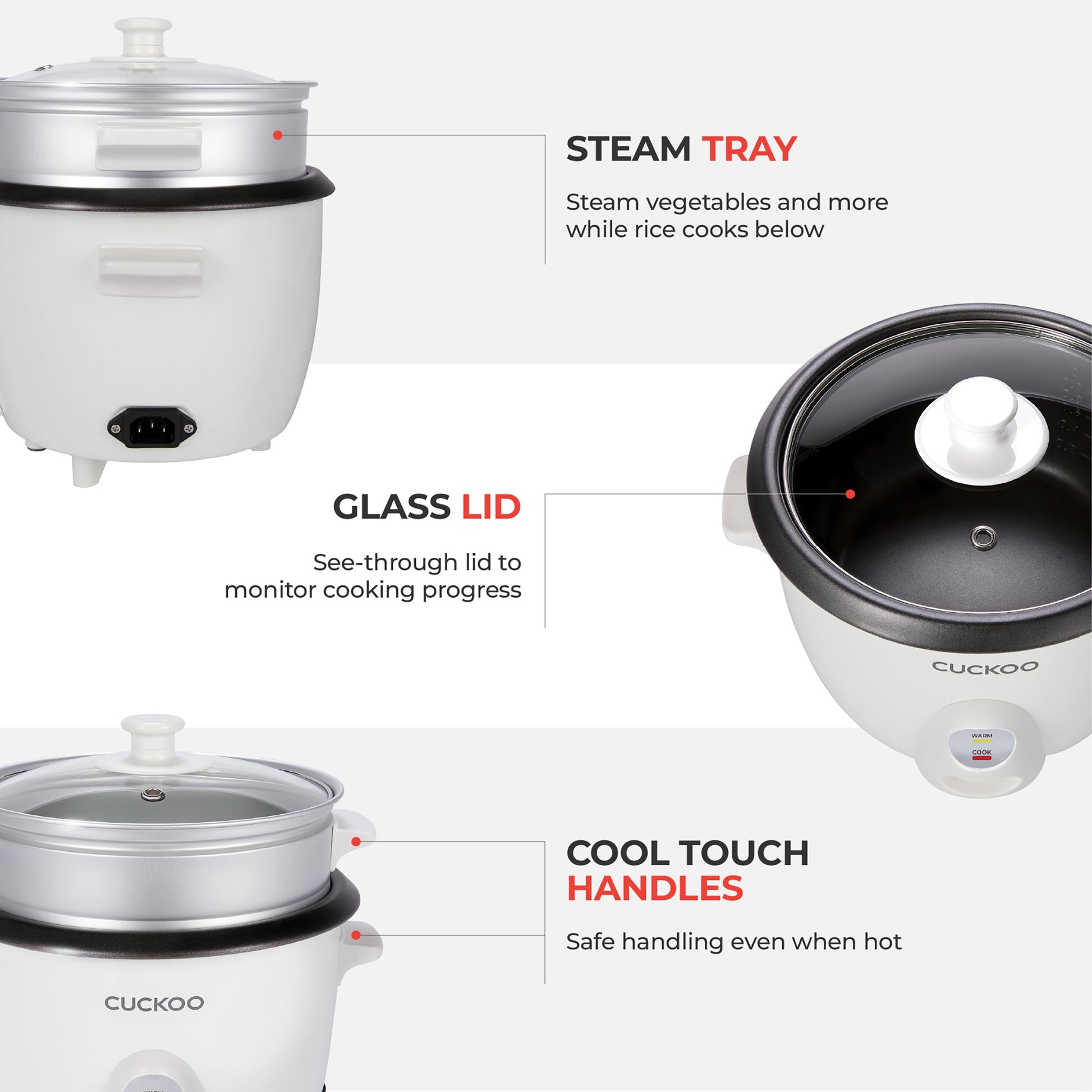 CUCKOO One Touch Rice Cooker 6-Cup (Uncooked) / 12-Cup (Cooked), Small Rice Cooker & Warmer with Steamer Tray, Versatile Grain Cooker, Soup Maker, Auto Keep Warm, White (CR-0601C) CUCKOO