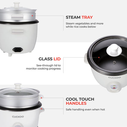 CUCKOO One Touch Rice Cooker 6-Cup (Uncooked) / 12-Cup (Cooked), Small Rice Cooker & Warmer with Steamer Tray, Versatile Grain Cooker, Soup Maker, Auto Keep Warm, White (CR-0601C) CUCKOO