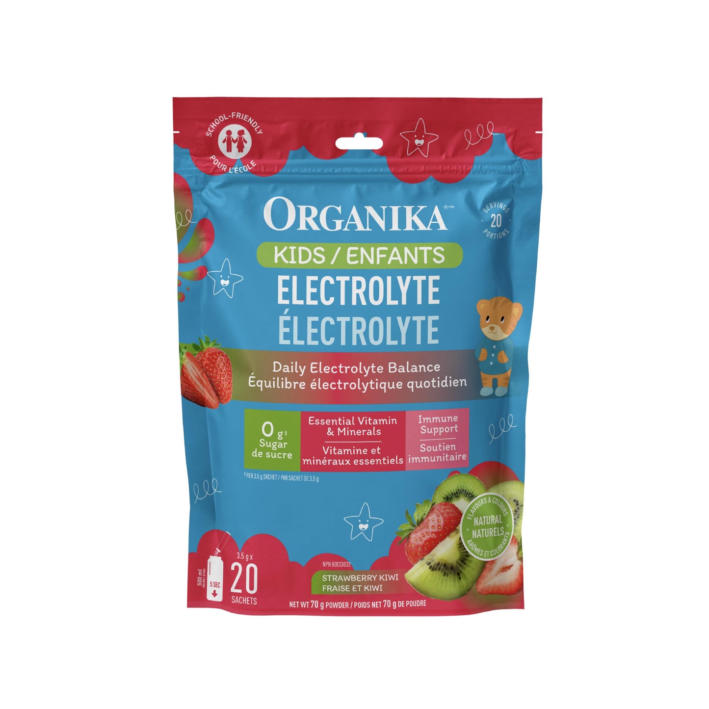 Organika Kids Electrolytes Powder Sticks - Sugar-Free Hydration + Immune support with 100% of daily Vitamin C, Minerals and Prebiotic Fibre | Strawberry Kiwi Flavour - 3.5g x 20 sachets - Available at All In One Marketplace Canada