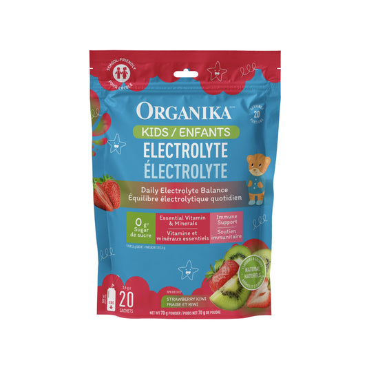 Organika Kids Electrolytes Powder Sticks - Sugar-Free Hydration + Immune support with 100% of daily Vitamin C, Minerals and Prebiotic Fibre | Strawberry Kiwi Flavour - 3.5g x 20 sachets - Available at All In One Marketplace Canada
