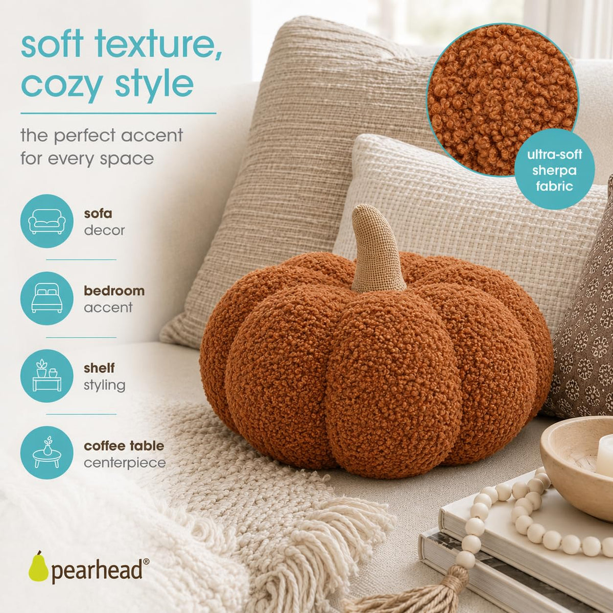 Pearhead Sherpa Pumpkin Pillow Decor, Modern Fall Home, Rust Orange