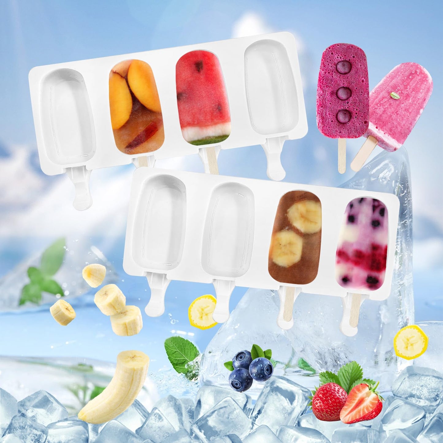 Popsicle Molds 2Pcs, Silicone Ice Cream Molds ice Lolly Moulds with Lid, 100 Sticks and 50 Bags for Ice Pop Cakesicle Dessert, BPA Free - Available at All In One Marketplace Canada