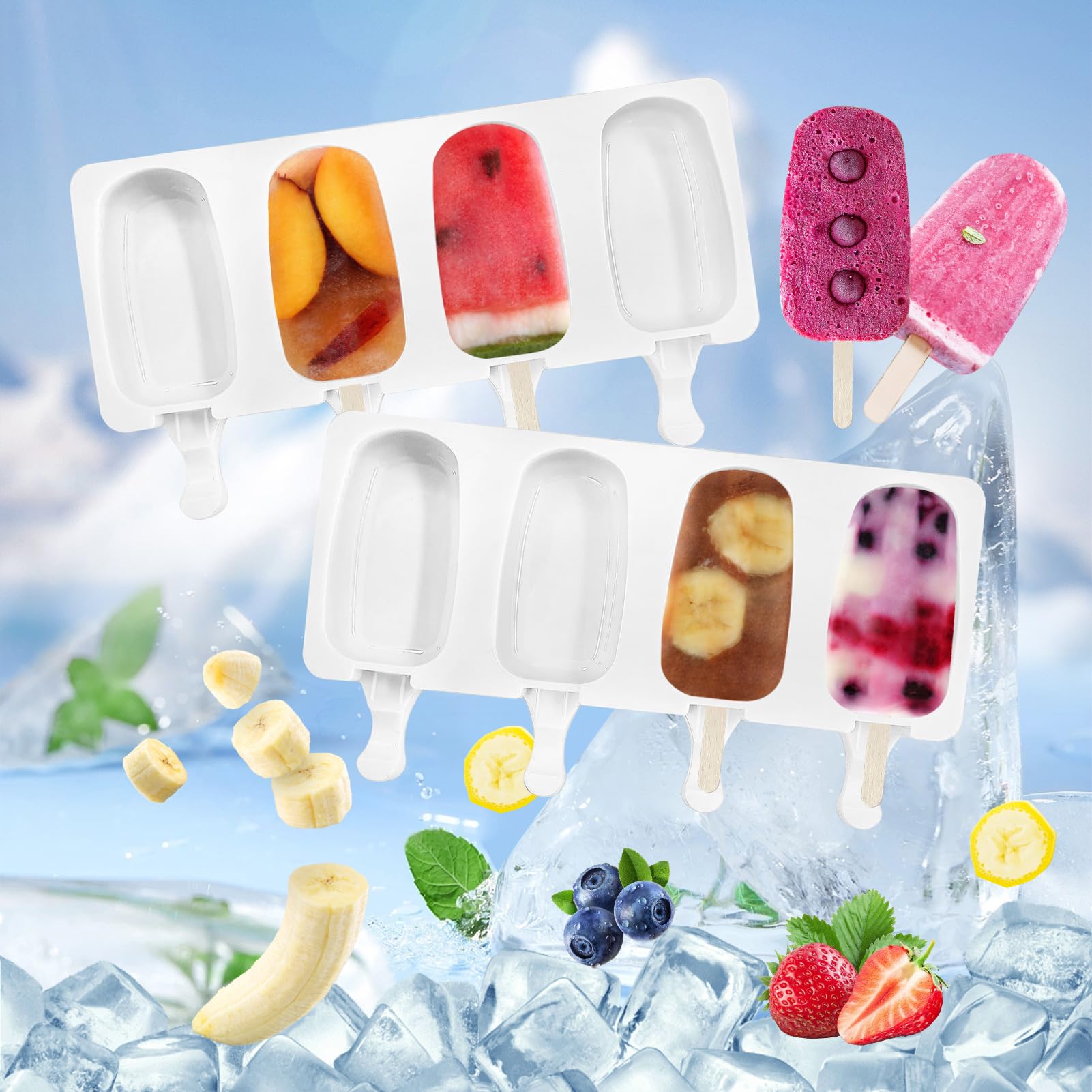Popsicle Molds 2Pcs, Silicone Ice Cream Molds ice Lolly Moulds with Lid, 100 Sticks and 50 Bags for Ice Pop Cakesicle Dessert, BPA Free - Available at All In One Marketplace Canada