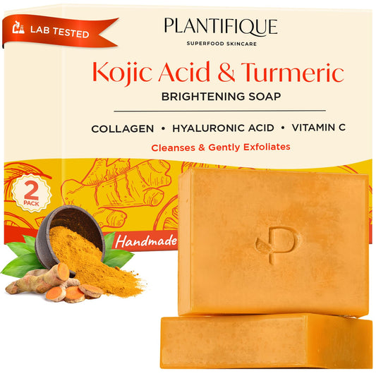 PLANTIFIQUE Kojic Acid Soap for Hyperpigmentation, Lab Tested - Turmeric Soap 2 Bars with Hyaluronic Acid, Collagen, Vitamin C for Dark Spots - Face Wash, 160g / 5.64 oz