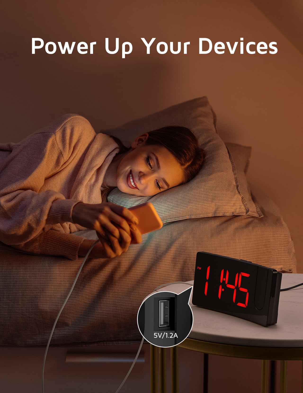 Projection Alarm Clock, Digital Clock with 180° Rotatable Projector, 3-Level Brightness Dimmer, Clear LED Display, USB Charger, Progressive Volume, 9mins Snooze,12/24H, Digital Alarm Clock for Bedroom