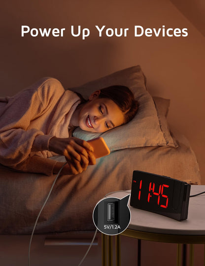 Projection Alarm Clock, Digital Clock with 180° Rotatable Projector, 3-Level Brightness Dimmer, Clear LED Display, USB Charger, Progressive Volume, 9mins Snooze,12/24H, Digital Alarm Clock for Bedroom