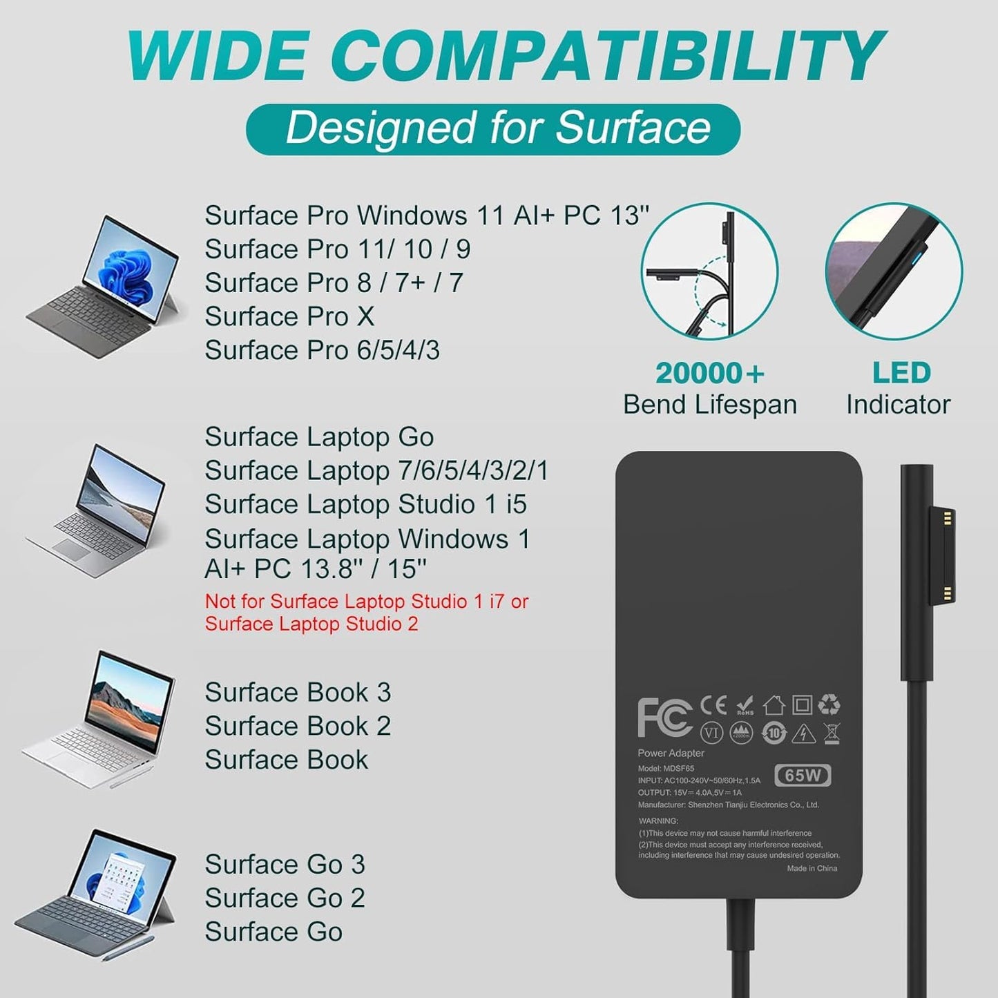 IFEART 65W Laptop Charger Compatible with Surface Pro 11/10/ 9/8/ 7+/ 7/6/ 5/4/ 3/ X, Power Adapter for Surface Laptop 7/6/5/4/3/2/1, Book 3/2/1, Go Tablet, Support 44W, 36W, 10FT