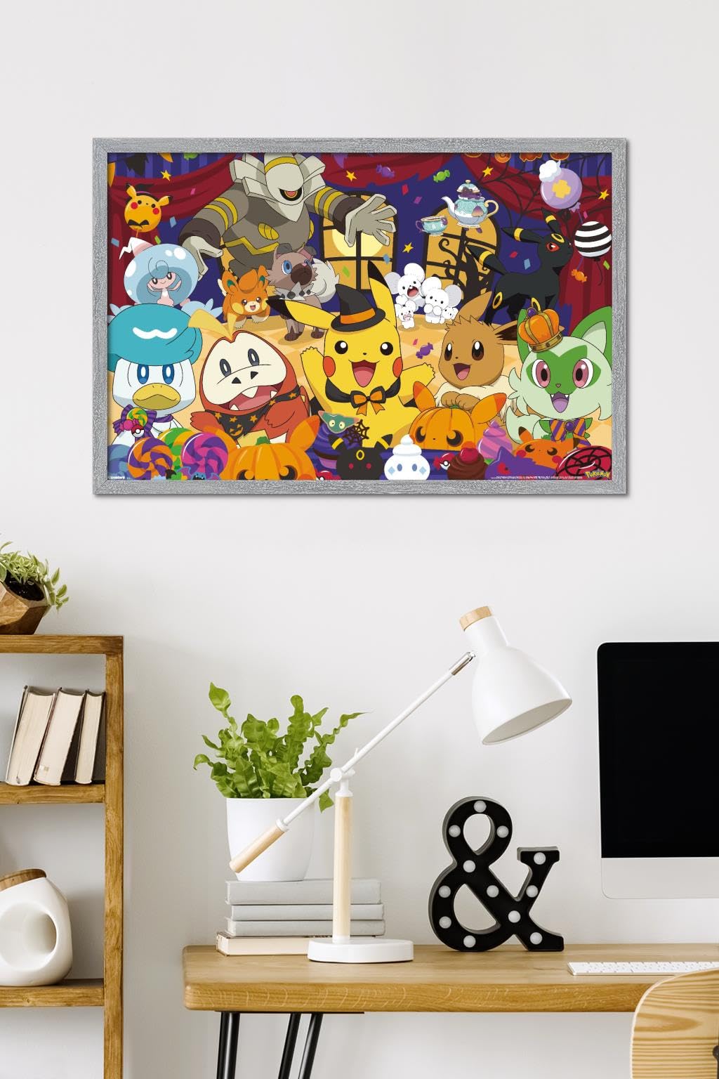 Pokémon: Halloween Party- Group Wall Poster, 34L" x 22.4W", Gray Framed Version