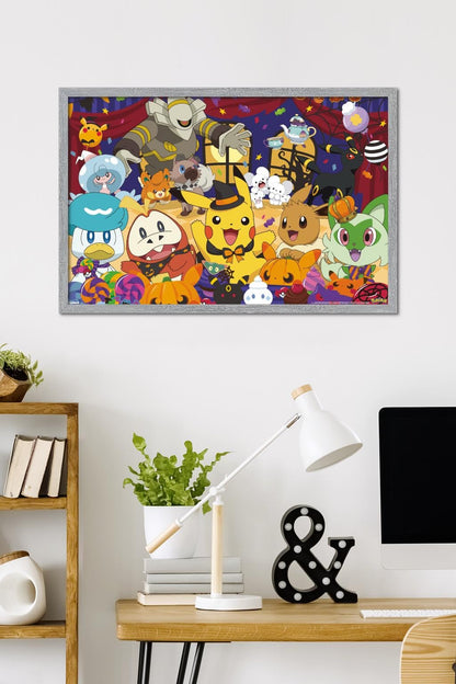 Pokémon: Halloween Party- Group Wall Poster, 34L" x 22.4W", Gray Framed Version